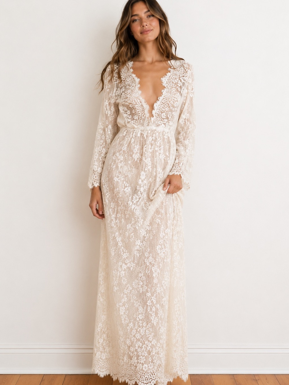 All Over Lace Maxi Dress Coquette Beach Cover Up Plunging Neckline Hippie Boho